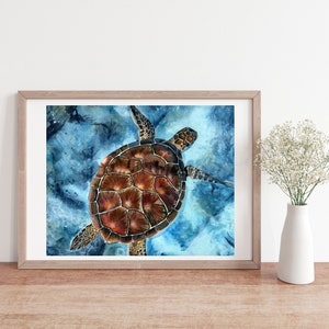 Watercolor Turtle Print, Watercolor Sea Turtle Wall Decor, 8"x10" Print, Giclée Prints, Ocean, Seascape, Colorful