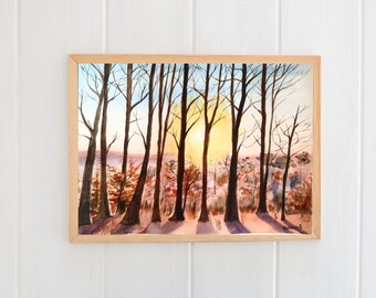 ORIGINAL Watercolor Sunset Forest, 11"x14"  Hand Painted Artwork, Landscape Wall Art, Nature Painting