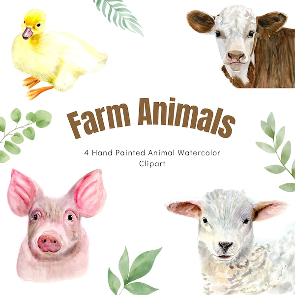 Farm Animals, Watercolor Clipart, 4 Animals for Nursery, Kids Room, Instant Download, Printable Art