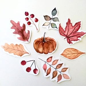 Herfst aquarel vinyl sticker set van 15 - diverse esthetische herfststickers voor tijdschriften, planners, waterflessen en laptops