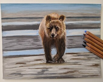 Original Bear Artwork, Pastel Bear Drawing, Wildlife Illustration, Handmade