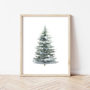 Impresión de árbol de Navidad, impresiones Giclée, decoración de pared de invierno, hoja perenne nevada, impresión navideña de estilo rústico, arte de pared festivo, árbol de invierno
