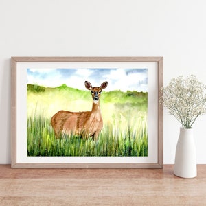 ORIGINAL Watercolor Deer Painting, 9x12 Doe Deer in Meadows Wall Art, Woodland Nursery Decor