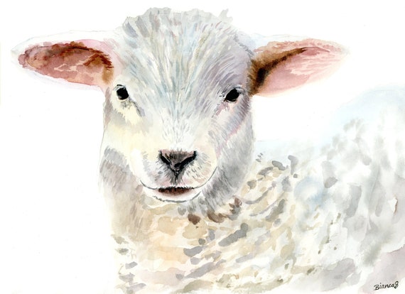 ORIGINAL Watercolor Lamb Painting, Nursery Wall Art, Lamb Wall Art Decor, Farm Animal Nursery Art, White Lamb Painting