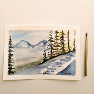Original Watercolor Winter Landscape Painting, Aesthetic Sunrise, Mountains and Forest Artwork, Hand Painted 5&quot;x7&quot;