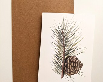 May include: A watercolor painting of a pine branch with a brown pine cone. The branch is green and the cone is brown with a textured surface.