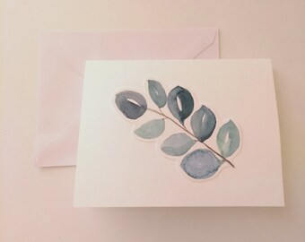 Cartão aquarela de eucalipto, cartão feito à mão com envelope, cartão em branco minimalista