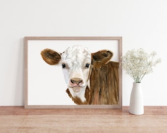 STAMPA di mucca marrone, opera d'arte di mucca ad acquerello, arredamento della stanza della scuola materna degli animali da fattoria, stampa di mucca da 8,5"x11", camera dei bambini