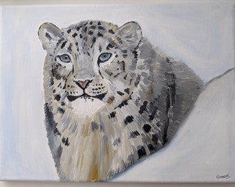 Oil Snow Leopard Painting | Canvas Artwork | Hand Painted 12"x16" | ORIGINAL Art | Winter Wall Decor