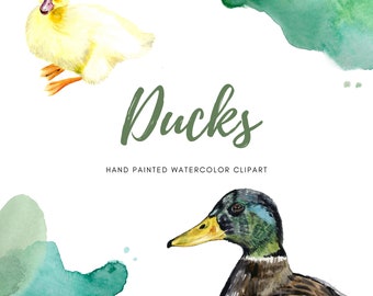 Watercolor Ducks Clipart, Hand Painted Illustrations, 2 Ducks, PNG Files, Transparent Background, Duckling, Farm Animals, Commercial Use