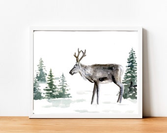 Giclée Prints, Winter Watercolor Print, Reindeer Print, Fine Art Print, Christmas Wall Decor, Holiday Wall Art, Winter Deer Print, 8.5x11