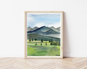 Watercolor Landscape Painting, Original Watercolor Mountain and Rolling Green Hills Artwork, 9"x7"