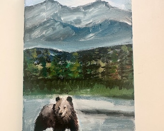 Acrylic Bear Painting | 5"x7" | Wildlife Art | Nature | Mountains Artwork