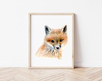 キツネの子の水墨画、ファインアートプリント、赤ちゃん動物アート