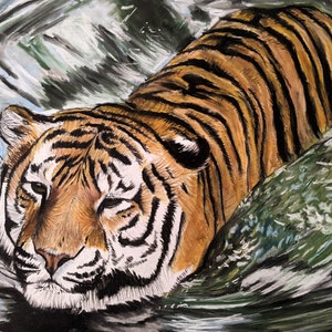 Tiger Drawing | ORIGINAL Artwork | Hand Drawn | Pastel Pencil and Soft Pastel | 12&quot;x16&quot; | Wall Decor | &#39;Going for a swim&#39;