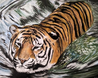 Tiger Drawing | ORIGINAL Artwork | Hand Drawn | Pastel Pencil and Soft Pastel | 12"x16" | Wall Decor | 'Going for a swim'