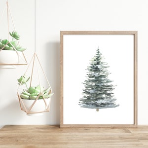 Árbol de invierno imprimible, Descarga digital de hoja perenne, Bosque de invierno nevado, Decoración de pared de Navidad, Arte de acuarela, Árboles de invierno, Impresión de granja