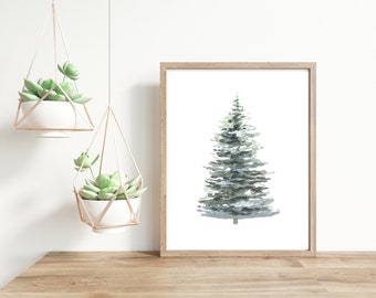 Winter Tree Printable, Evergreen Digital Download, Snowy Winter Forest, Christmas Wall Decor, Watercolor Art, Winter Trees, Farmhouse Print