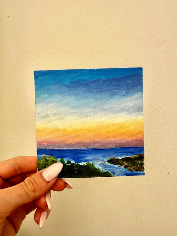夜景 油彩画 小版　サインあり　　　　　　 海岸通り アクリル製夕焼けの海の絵画 | オリジナル手描き 4
