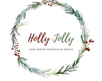 Holly Jolly Clipart, Christmas Wreath Clipart, Digital Download, PNG File, Holiday Frame, Watercolor Holly Wreath