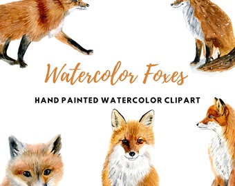 5 Watercolor Foxes Clipart, Cute Fox Clipart, Commercial Use, Woodland Animals, Nursery Art, Digital Downloads, Clipart Set