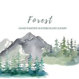 Clipart de bosque de acuarela, Clipart de pinos, Ilustraciones pintadas a mano, Fondos de paisaje, Archivos PNG, Fondo transparente