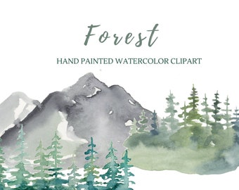 Watercolor Forest Clipart, Pine Trees Clipart, Hand Painted Illustrations, Landscape Backgrounds, PNG Files, Transparent Background