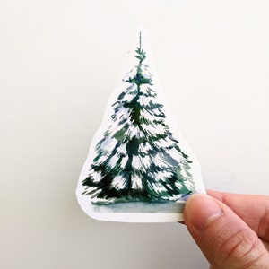 Winter groenblijvende boomstickers, aquarel besneeuwde dennenboom vinylsticker, voor waterflessen, laptops, planners