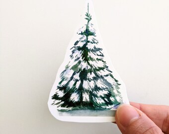 Winter Evergreen Tree Stickers, Watercolor Snowy Pine Tree Vinyl Sticker, For Water Bottles, Laptops, Planners