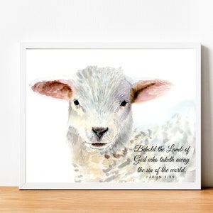 May include: A watercolor painting of a white lamb with pink ears. The lamb is looking directly at the viewer. The text "Behold the Lamb of God who taketh away the sin of the world. JOHN 1:29" is written below the lamb.
