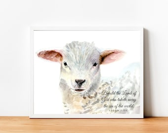 Easter Printable, Watercolor Lamb Print, Easter Bible Verse, Easter Lamb Digital Download