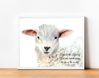 Easter Printable, Watercolor Lamb Print, Easter Bible Verse, Easter Lamb Digital Download