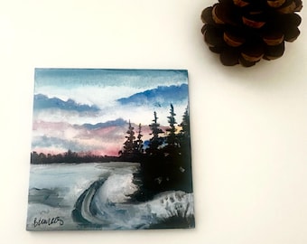 Pintura acrílica de invierno / Paisaje de 4" x 4" / Obra de arte original