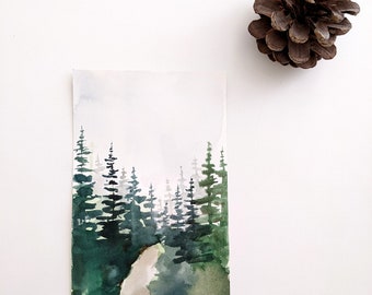 Watercolor Pine Forest | Hand Painted Pine Trees | Woodland Painting | Path in the Forest | 4"x7" | ORIGINAL Artwork