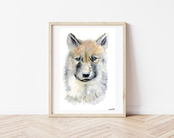 Watercolor Baby Wolf Pup Painting, Original Watercolor Animal Art, Nursery Wall Art, Woodland Room Decor