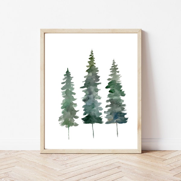 Pine Trees Printable | Evergreen Pine Trees Painting | 3 Watercolor Pine Trees | DIGITAL DOWNLOAD | 8"x10" | Winter Wall Art