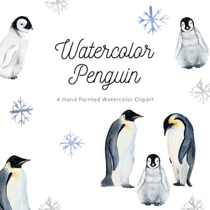 Watercolor Penguin Clipart, Fond transparent, Pingouins mignons, Animaux arctiques, Éléments d’hiver, Utilisation commerciale, Aquarelle Clipart