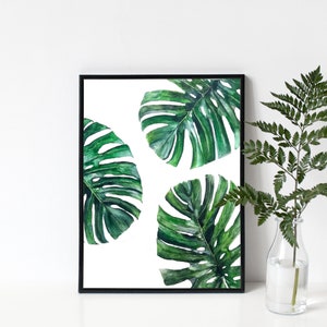 Monstera Leaves Print, Minimalist Wall Art, Watercolor Printable, Monstera Deliciosa Tropical Leaves, Botanical Illustration