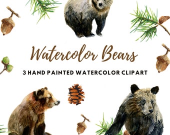 Watercolor Bears, Watercolor Clipart, 3 Cute Bears, Kids Room, Digital Scrapbooking, Woodland Animal, Instant Download, Printable Art