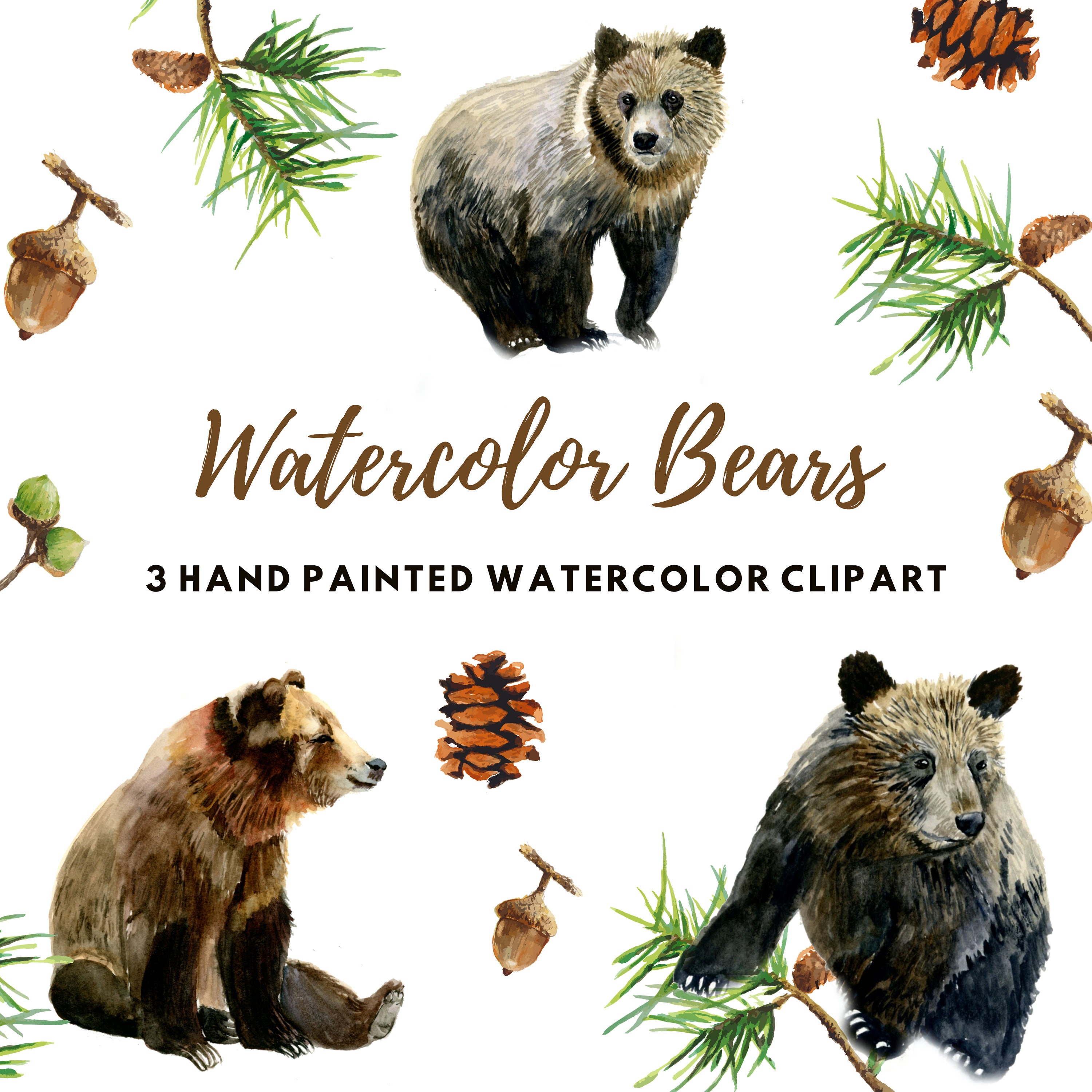 Watercolor Bears Watercolor Clipart 3 Cute Bears Kids Room - Etsy