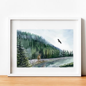 Watercolor Pine Forest Painting | ORIGINAL Artwork | Hand Painted 9&quot;x12&quot; | Lake Artwork | Caribou | Bald Eagle | Nature Wall Decor