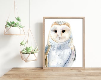 Acuarela Barn Owl Print, Giclée Print, Woodland Wall Decor, Kids Wall Art, 8"x10" Barn Owl Artwork