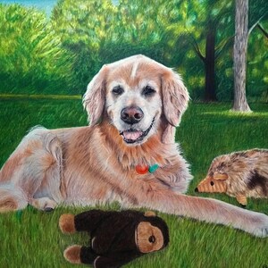 May include: A golden retriever dog laying down in a grassy field with a brown stuffed monkey and a brown hedgehog toy. The dog is looking at the camera with a happy expression.