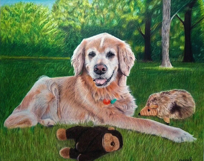 May include: A golden retriever dog laying down in a grassy field with a brown stuffed monkey and a brown hedgehog toy. The dog is looking at the camera with a happy expression.