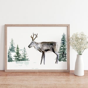 ORIGINAL Watercolor Reindeer Painting, Christmas Artwork, Winter Watercolor, Hand Painted 9&quot;x12&quot;, Christmas Decor