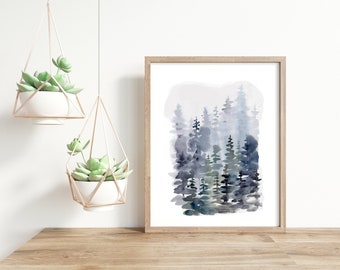 Misty Forest Art Print, Evergreen Forest, Wall Decor, Giclée Print, 8x10 Fine Art Print, Scandinavian Print, Watercolor Pine Forest, Moody