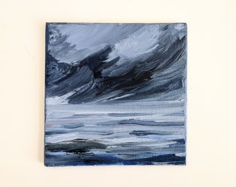 Peinture à l’huile sur l’océan, 'Stormy Seas' Œuvre ORIGINALE, Petite peinture à la main 4"x4 », Huile sur toile