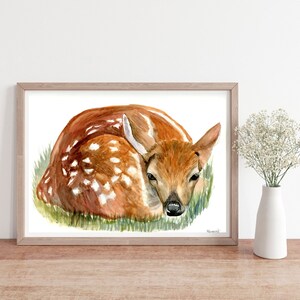 Original Watercolor Fawn, Sleeping Deer Wall Art, Animal Art, Nursery Room Decor, Woodland Animal Artwork