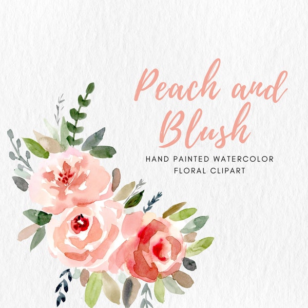 Pink Blush Watercolor Florals, Flower Clipart Bouquet, Wedding Stationary, PNG File