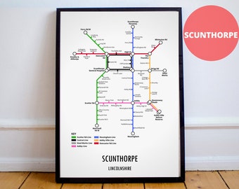 Scunthorpe Lincolnshire Underground Style Transport Street Map Print Poster A3 A4 Modern GIFT Art